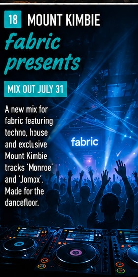 Mount Kimbie DJing live at fabric London with warm strobe lighting.