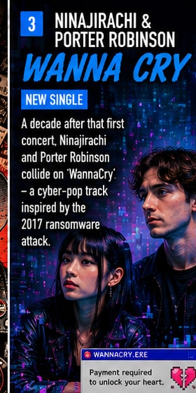 Futuristic digital graphics representing Ninajirachi and Porter Robinson electronic pop collaboration.