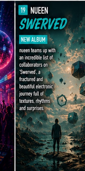 Nueen surrounded by electronic hardware and atmospheric studio lighting.