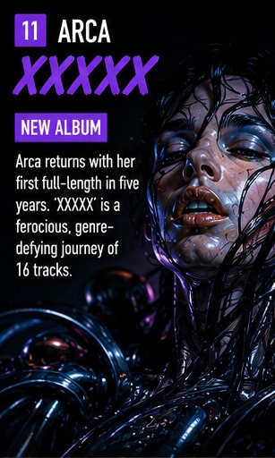 Arca performing avant-garde electronic live set with futuristic lighting.