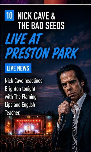 Nick Cave performing dramatically with The Bad Seeds on a large outdoor park stage.