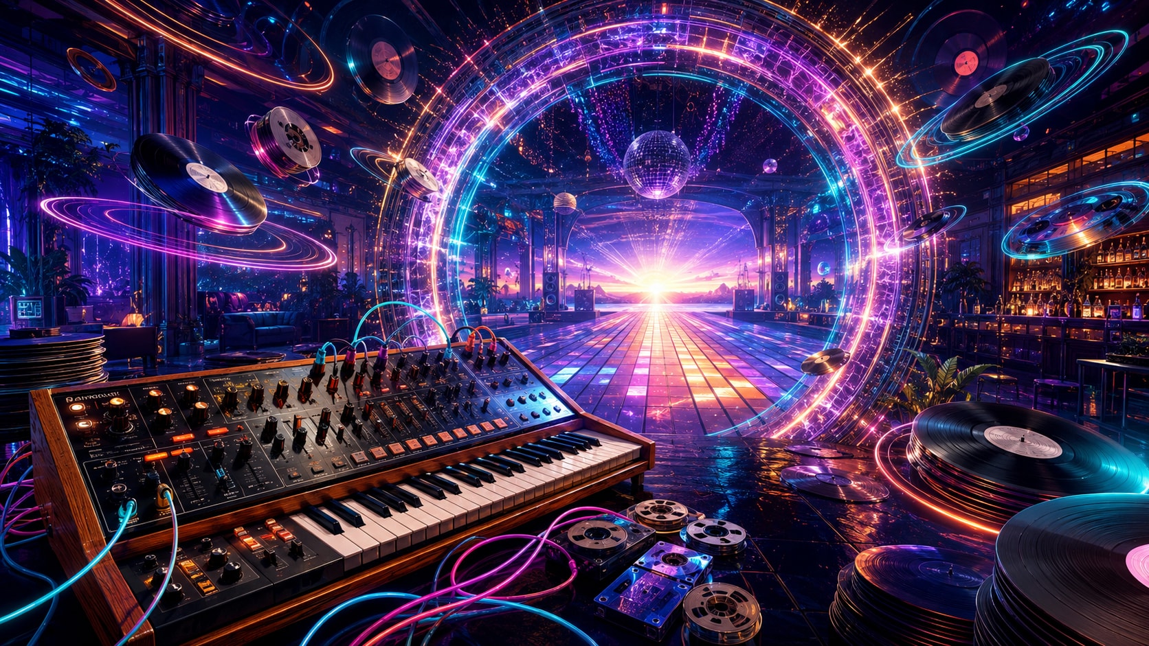 Retro analog synthesizer surrounded by floating vinyl records in an illuminated house music club atmosphere.