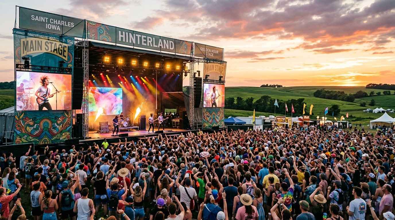 Vibrant sunset crowd and main stage performance at Hinterland Music Festival in Saint Charles, Iowa.