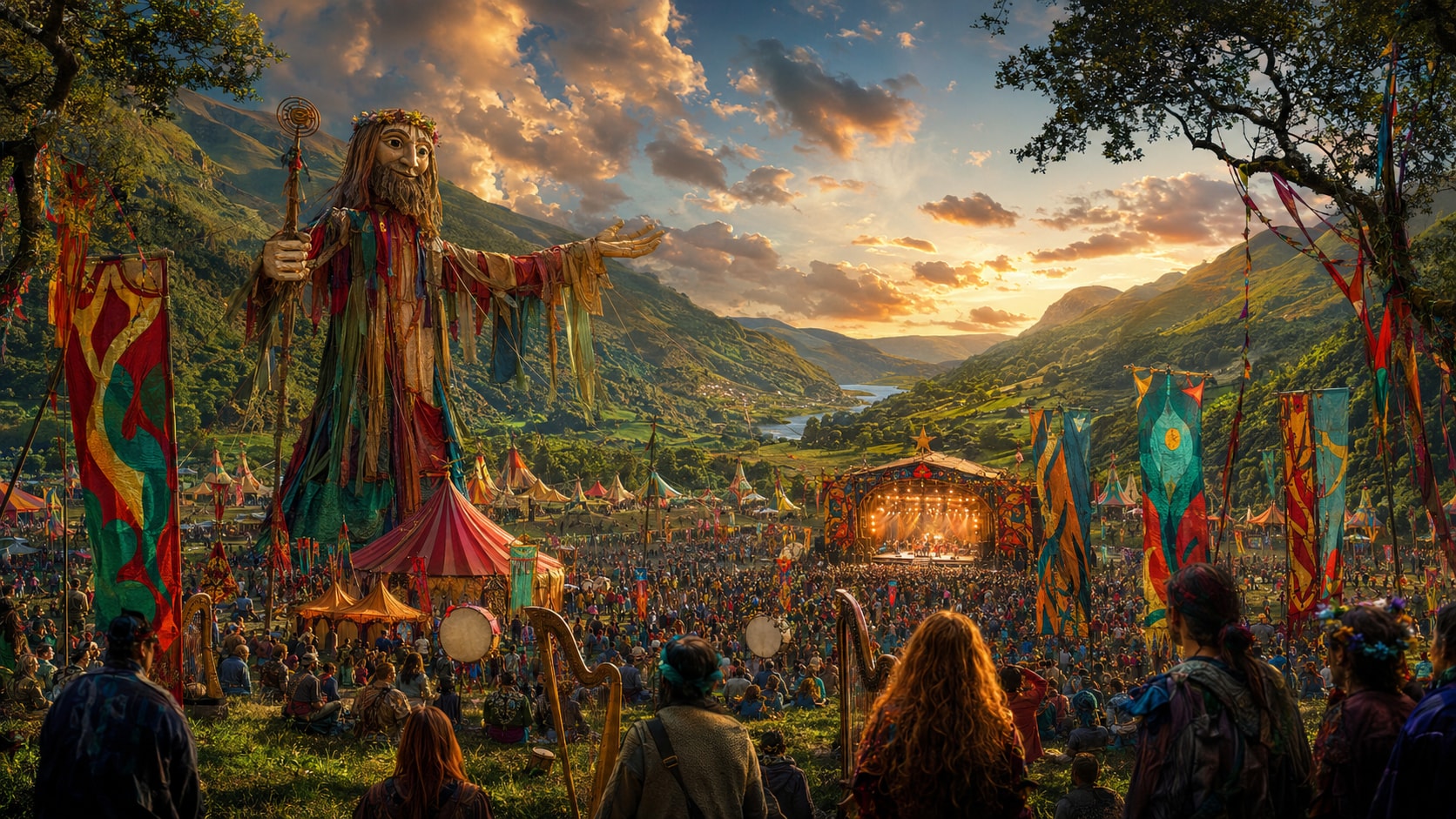 Festive Welsh valley festival with a giant 5-meter puppet of Lord Rhys, traditional harps, and main stage crowd.