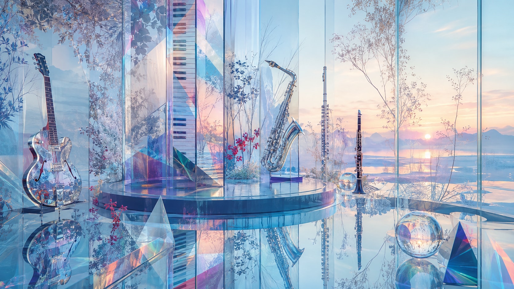 Prismatic glass room filled with reflections, electric guitar, grand piano, saxophone, flute, and clarinet.