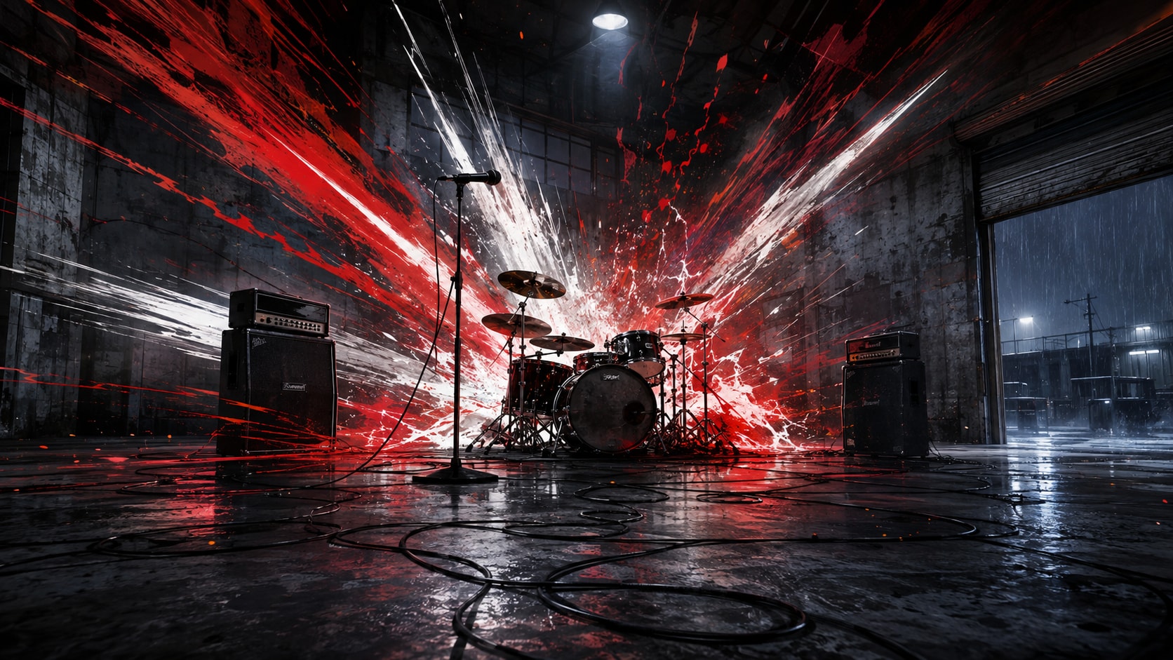 Explosive red and white paint splatter bursting behind a drum set and amplifiers in an industrial warehouse studio.