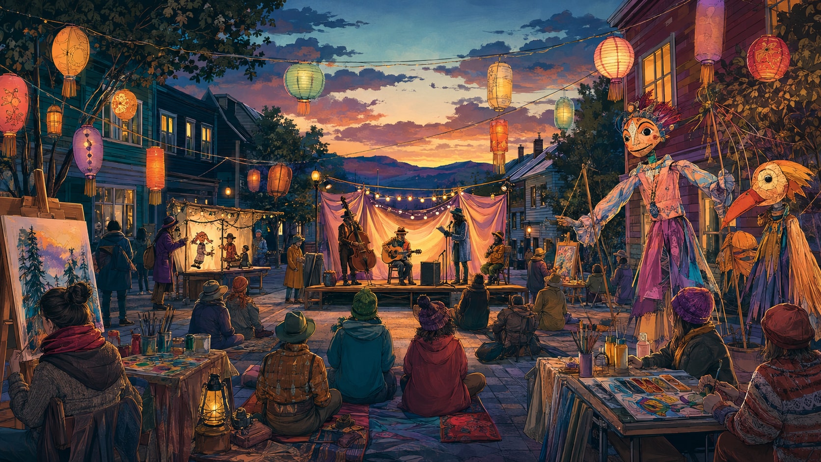 Charming Sackville town street at dusk lit by colorful hanging lanterns with an outdoor acoustic stage and crowd.