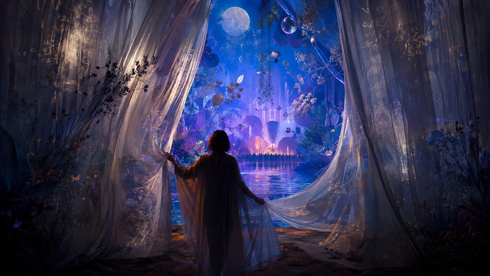 A figure parting ethereal translucent curtains entering a serene moonlit garden sanctuary.