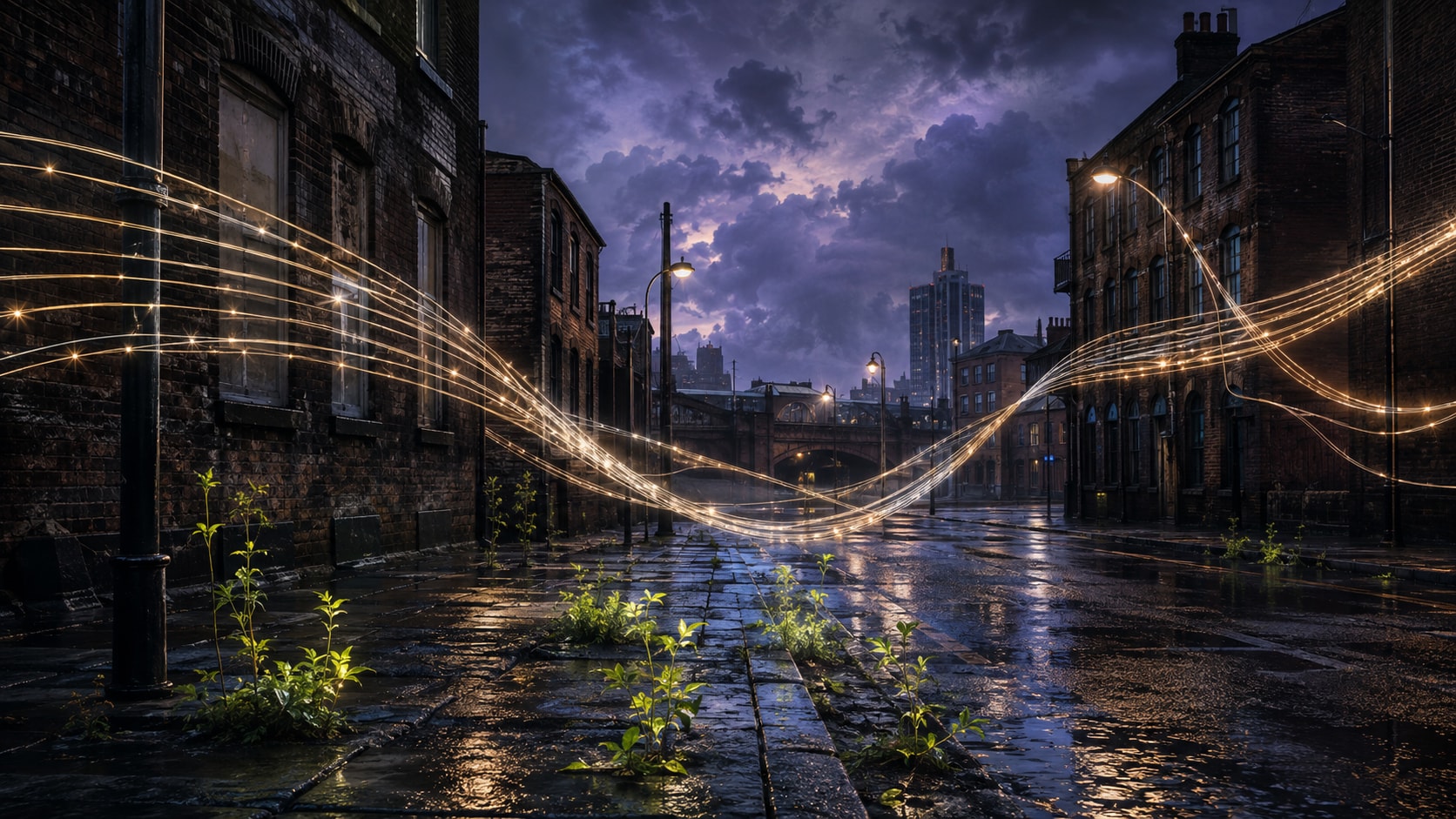 Atmospheric street in industrial Manchester with glowing light streams reflecting off wet cobblestones.