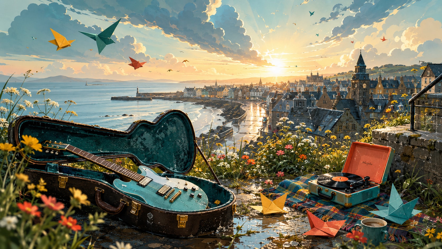 Guitar case, vintage turntable, and colorful origami birds overlooking a sunny Scottish coastal town.
