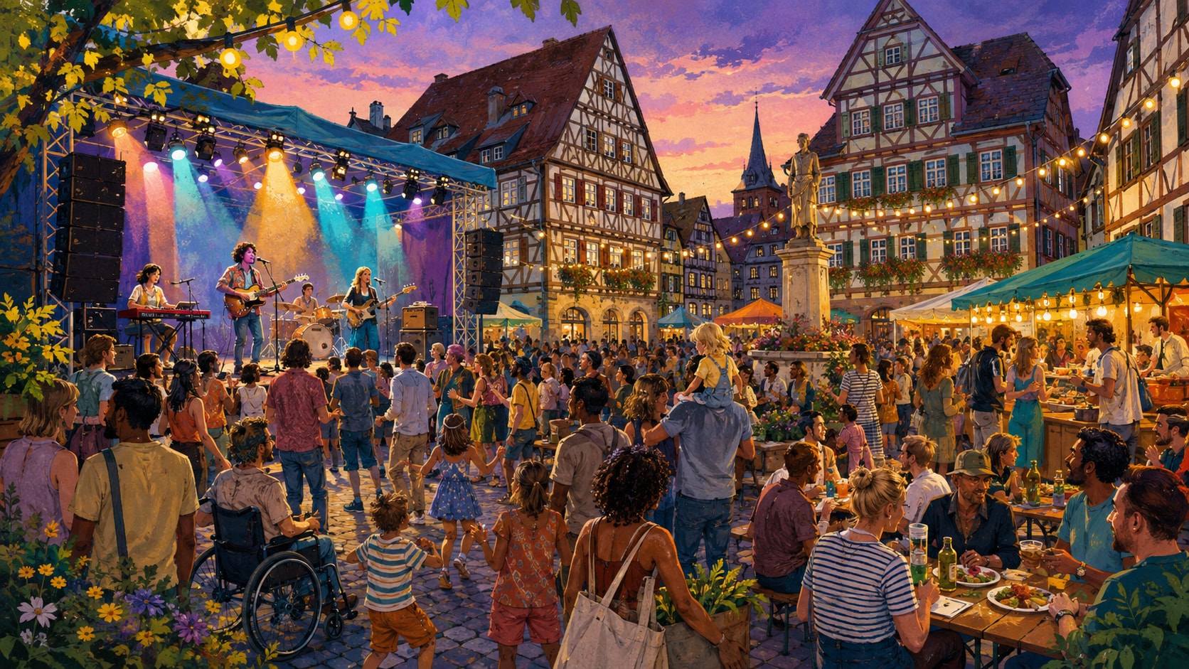 Live band performing on an illuminated outdoor stage in Detmold historic market square with crowd.