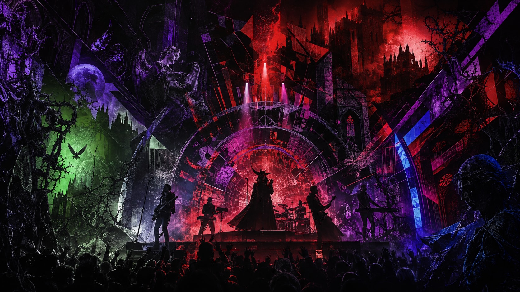 Theatrical gothic stage with band performing under dramatic lighting, ruined castle silhouettes, and dark atmosphere.