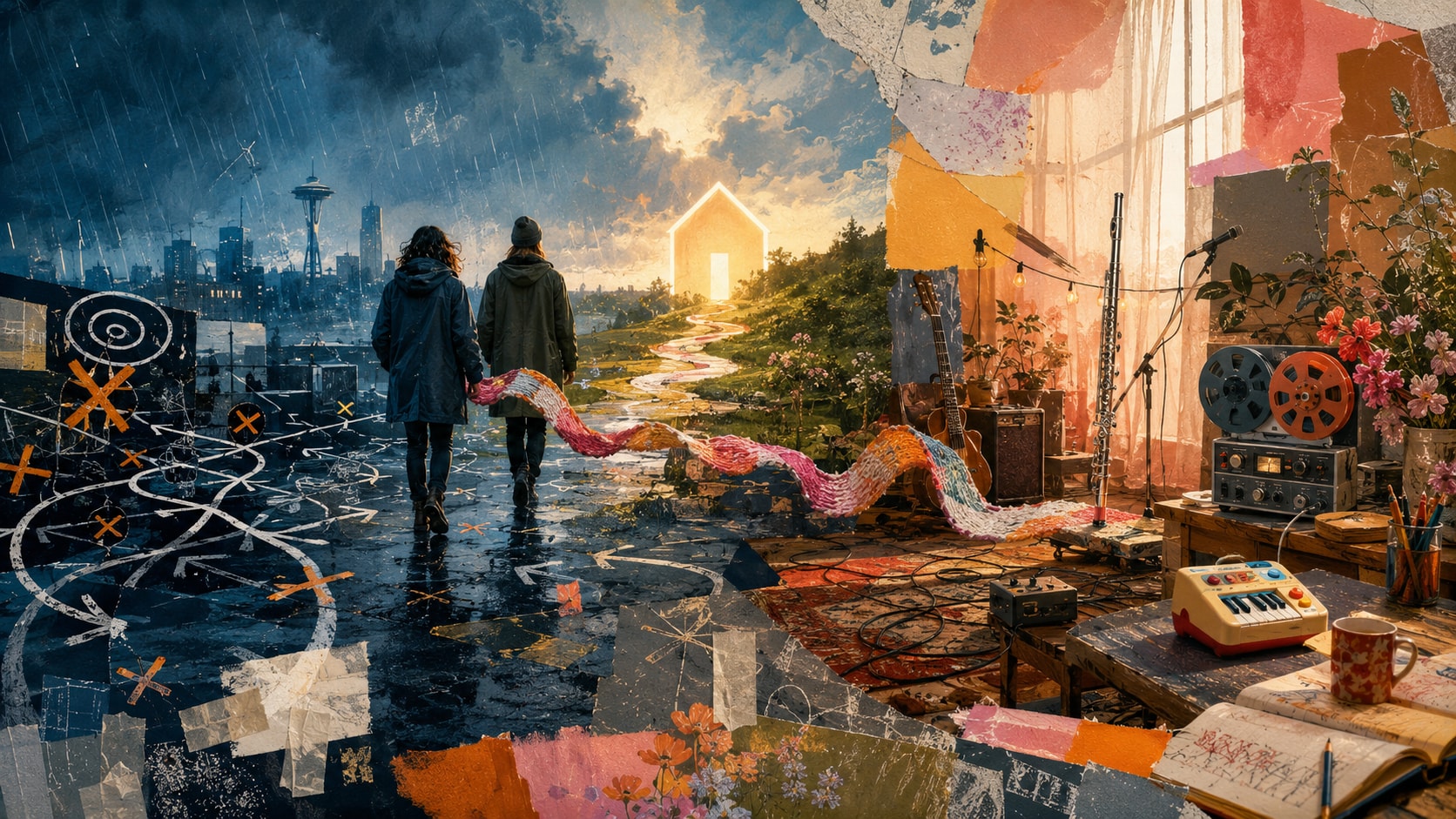 Two figures walking past Seattle rain towards a glowing home with knitted scarf, tape deck, and flute.