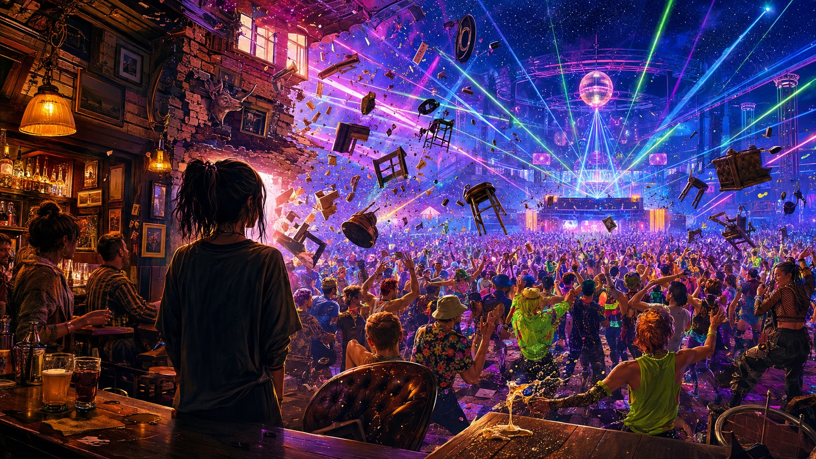A traditional pub counter looking out into a massive rave crowd with lasers, disco ball, and chaotic energy.