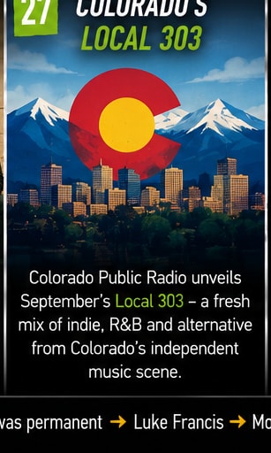 Stylised Colorado flag emblem against snow-capped Rocky Mountains and city skyline.