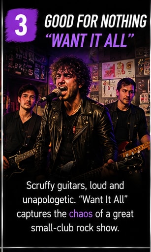 Scruffy indie rock band Good for Nothing performing live in a packed, sweaty basement venue.