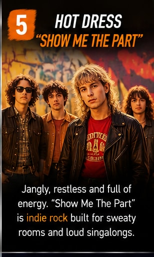 Indie rock band Hot Dress smiling in front of a golden retro stage backdrop.