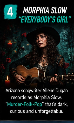Morphia Slow songwriter Allene Dugan in a wide-brim hat holding an acoustic guitar among candles.