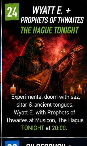 Wyatt E. playing acoustic saz amidst candles and ritual smoke in The Hague.