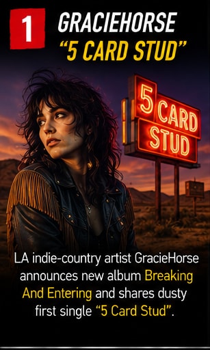 GracieHorse performing live with an acoustic guitar under warm stage lights.