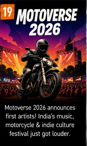Festival stage at Motoverse Goa surrounded by palm trees and motorcycle enthusiasts.