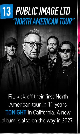 John Lydon and Public Image Ltd performing under striking stage lights in a desert venue.