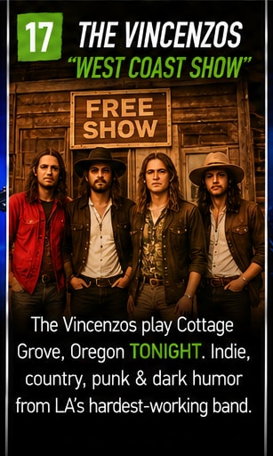 The Vincenzos performing their energetic country-punk set on an outdoor stage.