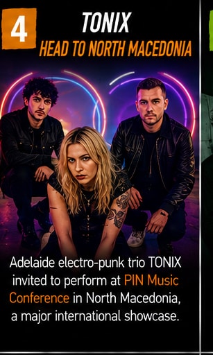 Electro-punk band TONIX performing with synths and live instruments under neon lighting.