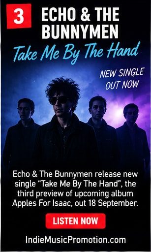 Echo & The Bunnymen group portrait in moody blue lighting.