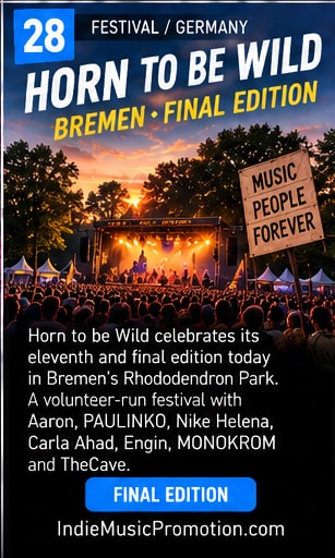 Outdoor crowd under trees celebrating the final Horn to be Wild festival edition in Bremen.