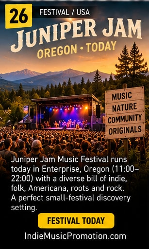 Outdoor wooden festival stage framed by Oregon pine trees at Juniper Jam.