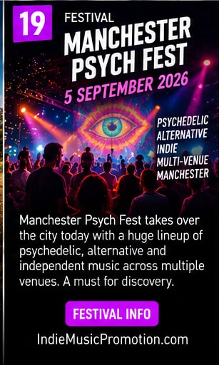 Concert crowd illuminated by colorful psychedelic projections at Manchester Psych Fest.