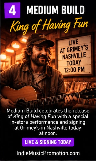 Medium Build smiling and playing guitar in front of a record shop.