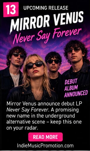 Mirror Venus band portrait in violet neon for debut LP Never Say Forever.