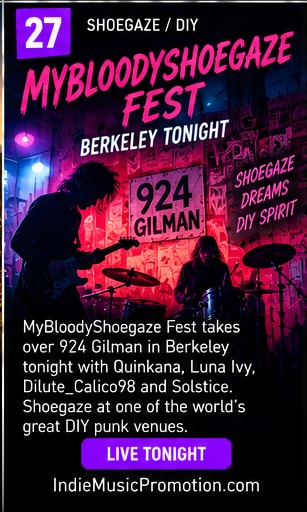 Shoegaze band performing under red and violet lights inside 924 Gilman in Berkeley.