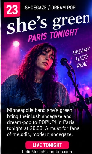 she's green singer framed in dreamy purple concert lighting in Paris.