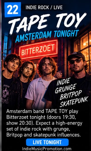 TAPE TOY band members smiling together outside Bitterzoet Amsterdam.