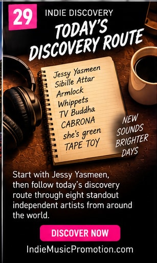 Curated notepad tracklist and studio headphones on a wooden table.