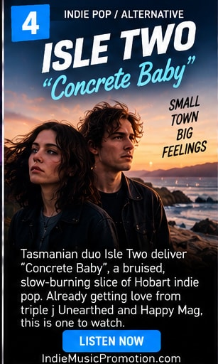 Isle Two duo portrait against coastal sunset background for Concrete Baby.