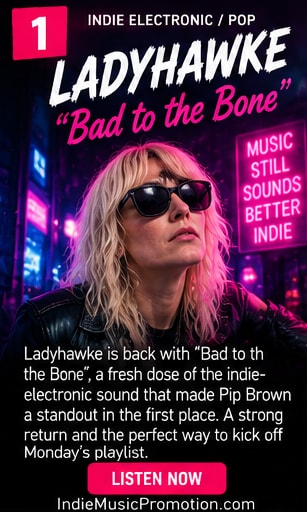 Ladyhawke in dark sunglasses with neon pink glow for Bad to the Bone single.