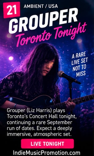 Grouper (Liz Harris) performing with acoustic guitar and mic in blue atmospheric light.