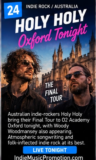 Holy Holy band members in front of historic Oxford gothic architecture.
