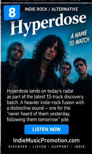 Hyperdose band members under moody atmospheric blue and teal lighting.
