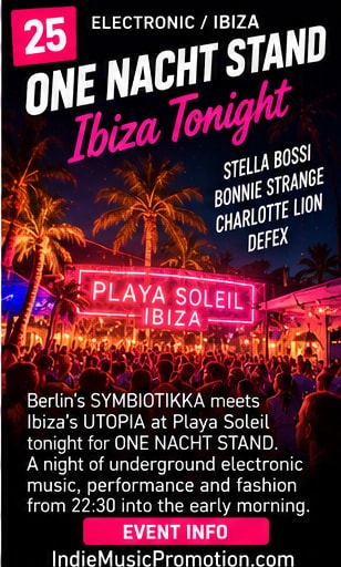 Playa Soleil Ibiza illuminated with glowing pink neon and palm trees.