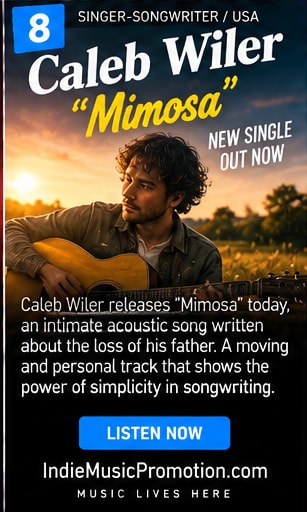 Caleb Wiler seated in golden hour field holding an acoustic guitar.