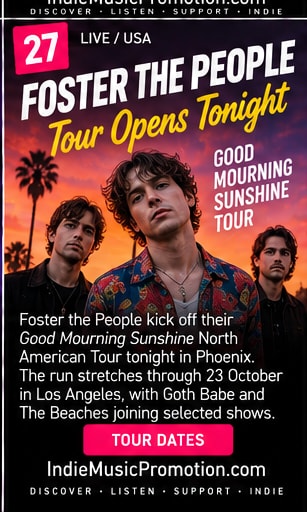 Foster the People band members against warm desert backdrop for tour launch.