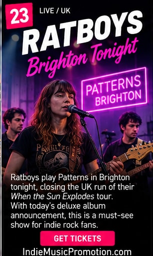 Ratboys guitarist and singer performing under neon Patterns Brighton sign.