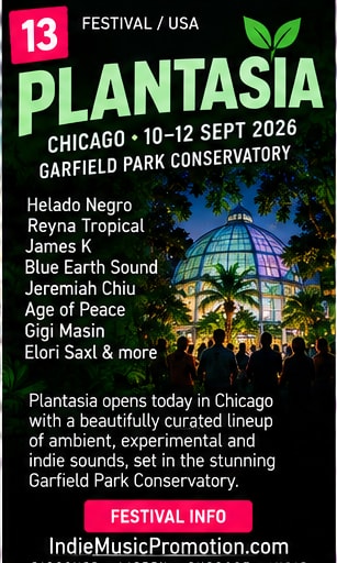 Illuminated glass dome of Garfield Park Conservatory glowing at night among tropical plants.