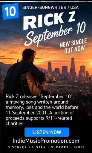 Rick Z seated with acoustic guitar against an amber-lit urban skyline at dusk.