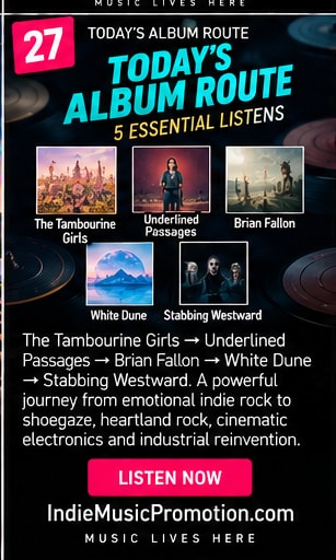 Album artwork covers for The Tambourine Girls, Underlined Passages, Brian Fallon, White Dune, and Stabbing Westward.